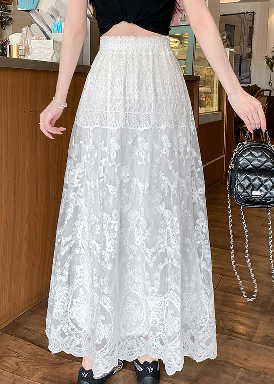Elegant White Lace Hollow Out Tulle Skirt Summer