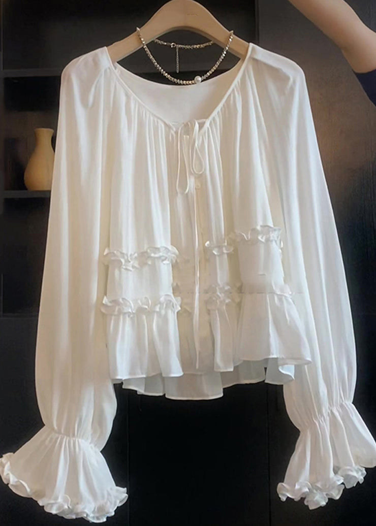 Elegant White Lace Up Ruffled Cotton Shirt Top Flare Sleeve
