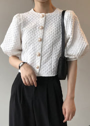 Elegant White O Neck Button Cotton Shirt Top Summer