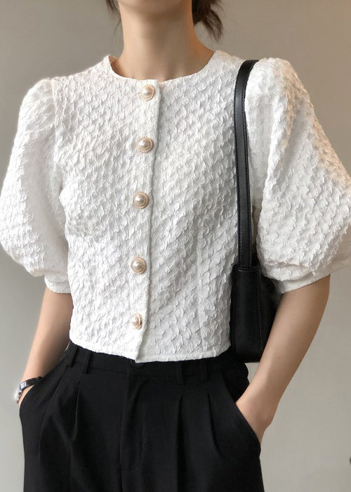 Elegant White O Neck Button Cotton Shirt Top Summer