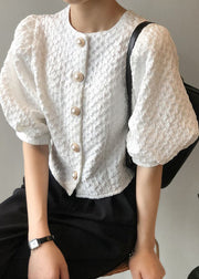 Elegant White O Neck Button Cotton Shirt Top Summer