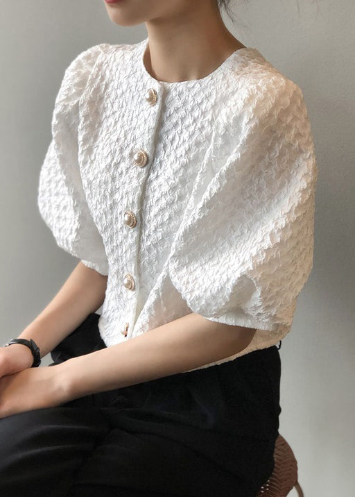 Elegant White O Neck Button Cotton Shirt Top Summer