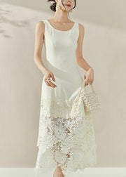 Elegant White O-Neck Lace Patchwork Maxi Spaghetti Strap Dresses Sleeveless