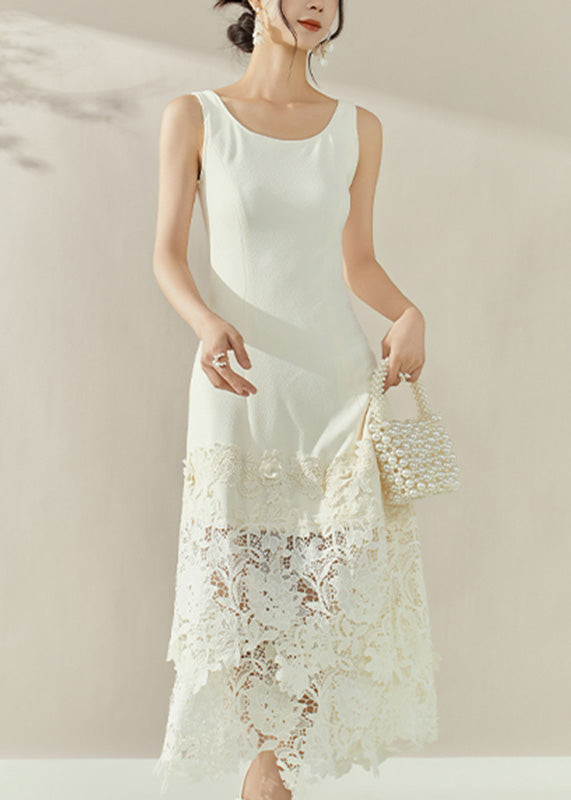 Elegant White O-Neck Lace Patchwork Maxi Spaghetti Strap Dresses Sleeveless