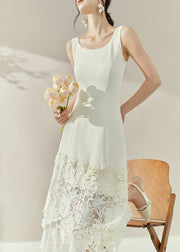 Elegant White O-Neck Lace Patchwork Maxi Spaghetti Strap Dresses Sleeveless