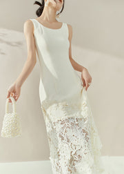 Elegant White O-Neck Lace Patchwork Maxi Spaghetti Strap Dresses Sleeveless