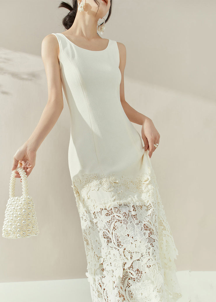 Elegant White O-Neck Lace Patchwork Maxi Spaghetti Strap Dresses Sleeveless