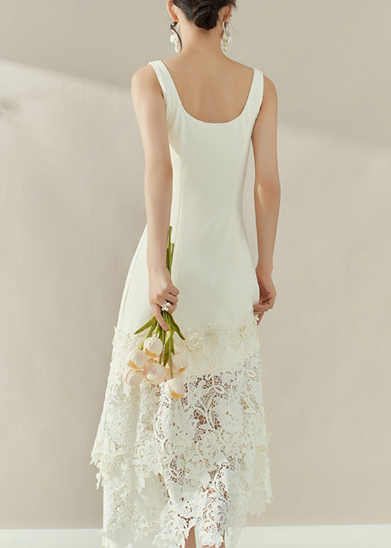 Elegant White O-Neck Lace Patchwork Maxi Spaghetti Strap Dresses Sleeveless