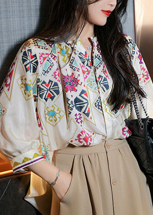 Elegant White O Neck Print Chiffon Shirt Spring