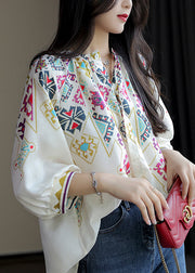 Elegant White O Neck Print Chiffon Shirt Spring