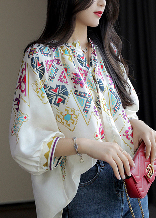 Elegant White O Neck Print Chiffon Shirt Spring