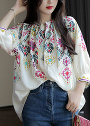 Elegant White O Neck Print Chiffon Shirt Spring