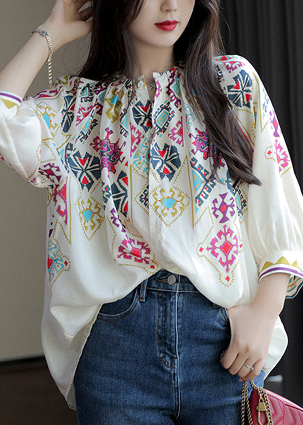 Elegant White O Neck Print Chiffon Shirt Spring