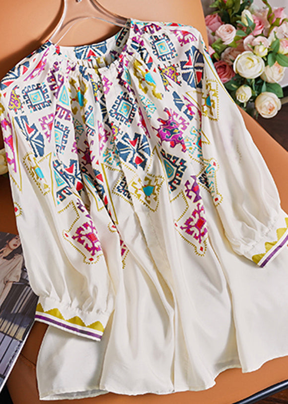 Elegant White O Neck Print Chiffon Shirt Spring