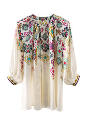 Elegant White O Neck Print Chiffon Shirt Spring