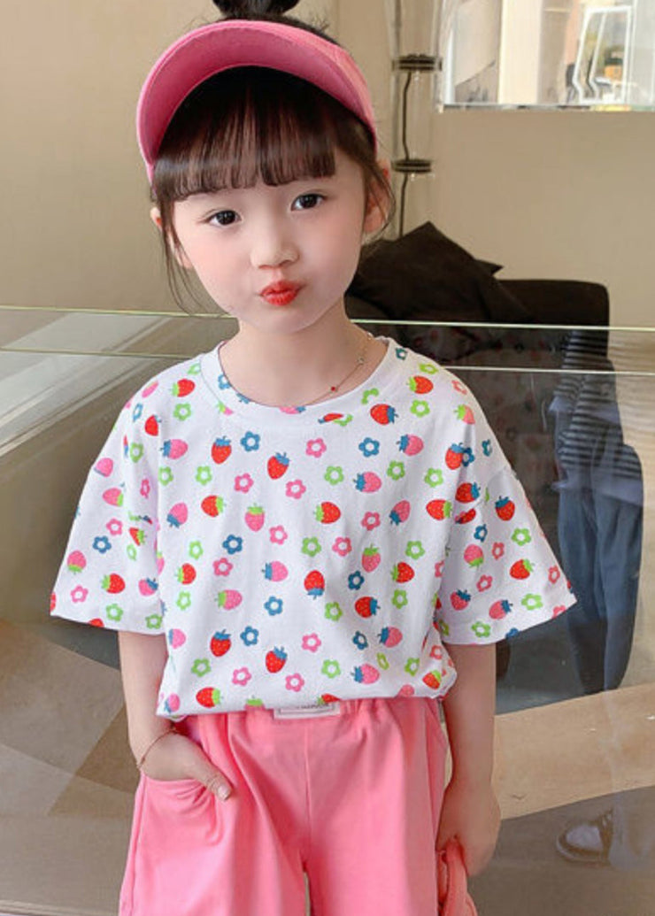 Elegant White O-Neck Print Kids T Shirt Summer