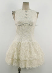 Elegant White O Neck Sequins Tulle Mid Dress Sleeveless