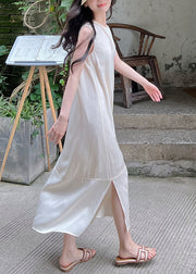 Elegant White O-Neck Side Open Silk Long Dress Sleeveless