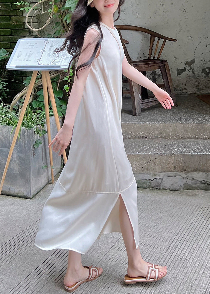 Elegant White O-Neck Side Open Silk Long Dress Sleeveless