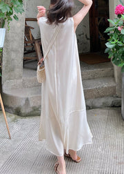 Elegant White O-Neck Side Open Silk Long Dress Sleeveless