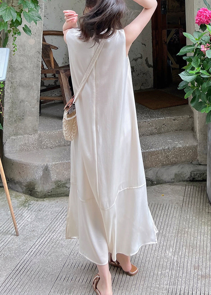Elegant White O-Neck Side Open Silk Long Dress Sleeveless