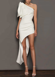 Elegant White One Shoulder Asymmetrical Design Cotton Dresses Summer