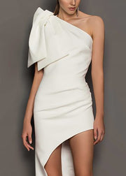 Elegant White One Shoulder Asymmetrical Design Cotton Dresses Summer
