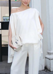Elegant White One Shoulder Cotton Tops Batwing Sleeve