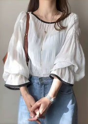 Elegant White Oversized Chiffon Shirt Tops Lantern Sleeve