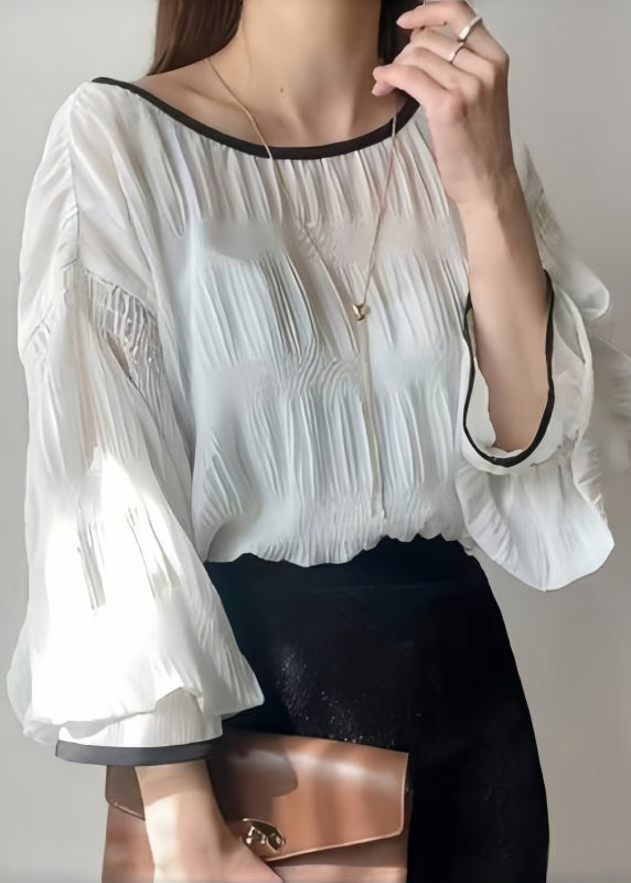 Elegant White Oversized Chiffon Shirt Tops Lantern Sleeve