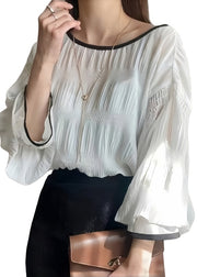 Elegant White Oversized Chiffon Shirt Tops Lantern Sleeve