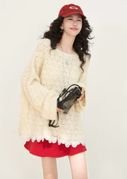 Elegant White Oversized Patchwork Knit Short Sweater Winter