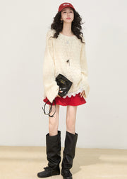 Elegant White Oversized Patchwork Knit Short Sweater Winter