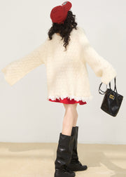 Elegant White Oversized Patchwork Knit Short Sweater Winter
