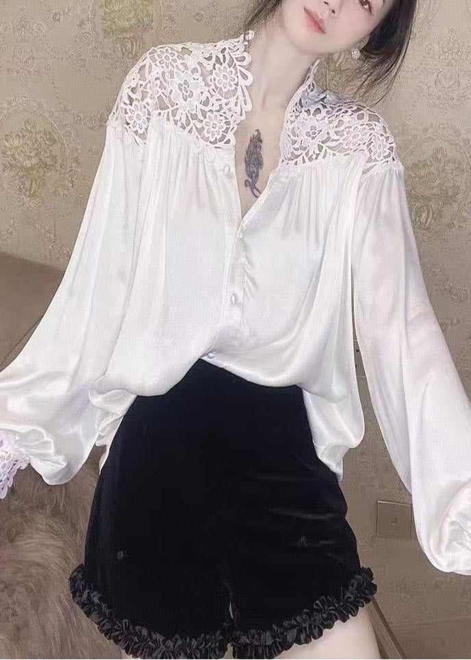 Elegant White Oversized Patchwork Lace Blouse Tops Summer
