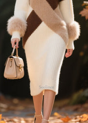 Elegant White Patchwork Faux Fur Knitwear Dress Turtle Neck Winter