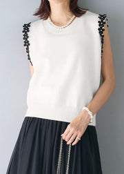 Elegant White Patchwork Flower Knit Beach Vest Sleeveless
