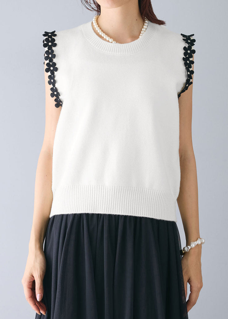 Elegant White Patchwork Flower Knit Beach Vest Sleeveless
