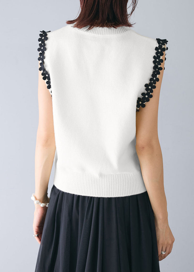 Elegant White Patchwork Flower Knit Beach Vest Sleeveless