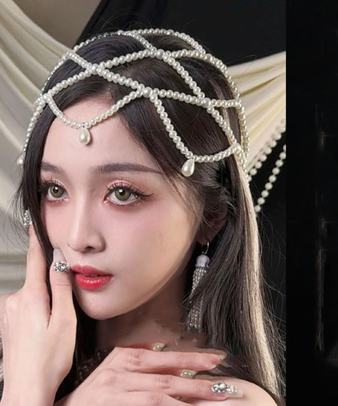 Elegant White Pearl Beading Hollow Out Tassel Hair Band