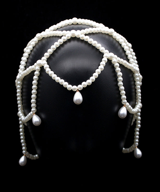 Elegant White Pearl Beading Hollow Out Tassel Hair Band