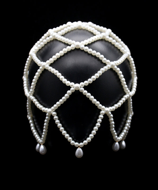 Elegant White Pearl Beading Hollow Out Tassel Hair Band