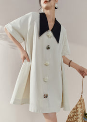 Elegant White Peter Pan Collar Button Shirts Mid Dress Summer