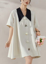 Elegant White Peter Pan Collar Button Shirts Mid Dress Summer