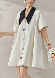 Elegant White Peter Pan Collar Button Shirts Mid Dress Summer