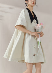 Elegant White Peter Pan Collar Button Shirts Mid Dress Summer