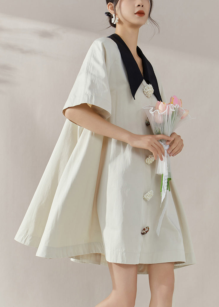 Elegant White Peter Pan Collar Button Shirts Mid Dress Summer