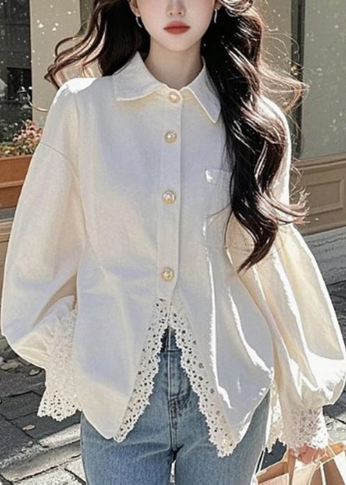 Elegant White Peter Pan Collar Lace Button Cotton Shirt Fall