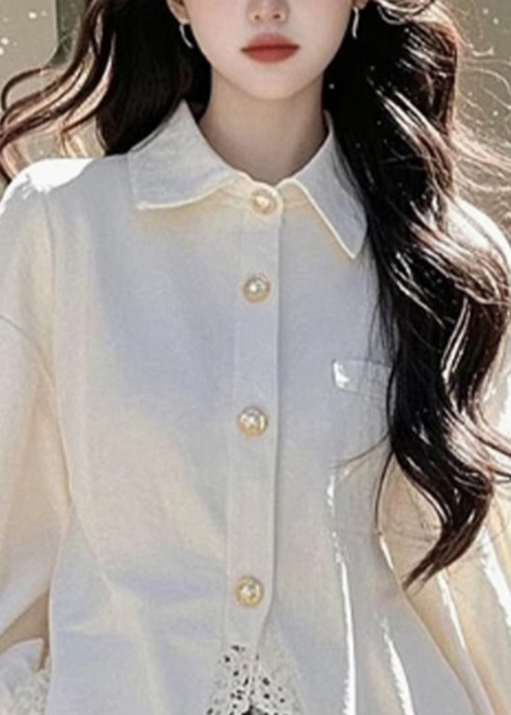 Elegant White Peter Pan Collar Lace Button Cotton Shirt Fall