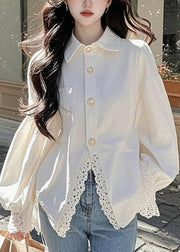 Elegant White Peter Pan Collar Lace Button Cotton Shirt Fall